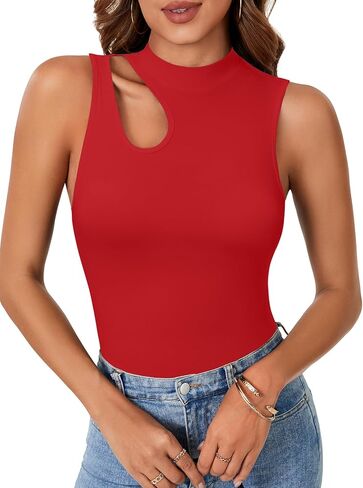 Rooscier Women's Mock Turtle Neck Sleeveless Cutout Bodysuit Slim Fit Tank Tops Leotard in Saudi Arabia