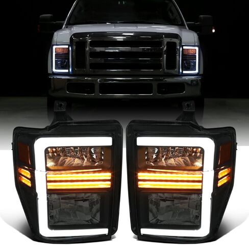 Ronnin - يناسب 2008-2010 Ford F250 F350 F450 F550 Super Duty Pickup الهالوجين المصابيح الأمامية LED زوج تجميع أنابيب إشارة الانعطاف المتسلسلة | أسود in Kuwait