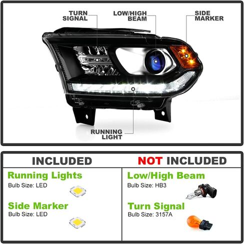 ACANII - For [Factory LED DRL Halogen Model] 2016-2020 Dodge Durango Black Projector Headlights Headlamps Set Left+Right in Saudi Arabia