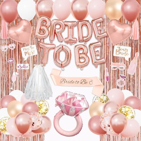Amandir Bachelorette Party Decorations Supplies, Rose Gold Bridal Shower Decorations Bride To Be Pink White Gold Confetti Foil Heart Balloons, Veil, Photo Booth Props, Fringe Curtains, Paper Tassels in Kuwait
