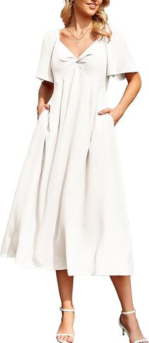 Kikibell Womens Summer Dresses V Neck Back Tie Flowy Midi Dress Long Formal Wedding Guest Beach Vacation Outfits with Pockets in Kuwait