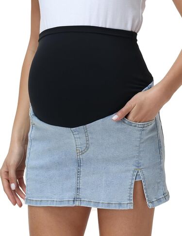 Women's Maternity Denim Skirt | High Waisted Side Slit Design, Built-in Denim Shorts, Maternity Jean Mini Skirt, Pregnancy Stretchy Jean Skort in Saudi Arabia
