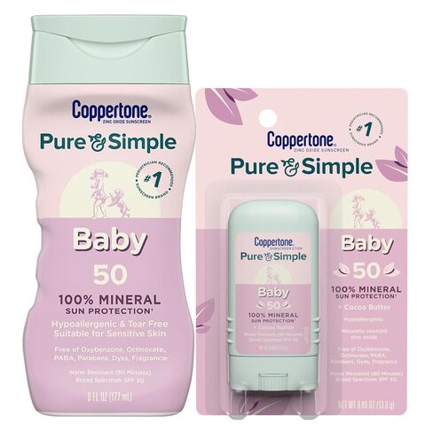 Coppertone Pure and Simple Baby Sunscreen Lotion SPF 50, Broad Spectrum Sunscreen for Baby, 6 Fl Oz Bottle and Pure and Simple Baby Sunscreen Stick, 0.49 Oz in Kuwait