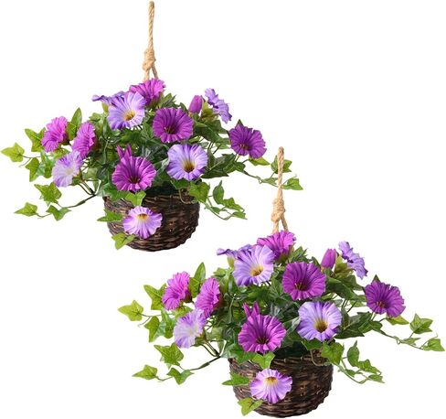 2 Set Artificial Outdoor Flowers with Hanging Basket, 2 Hanging Planters Faux Silk Morning Glory Flowers for Spring Summer Front Porch Garden Patio Home Decor(Violet) in Kuwait