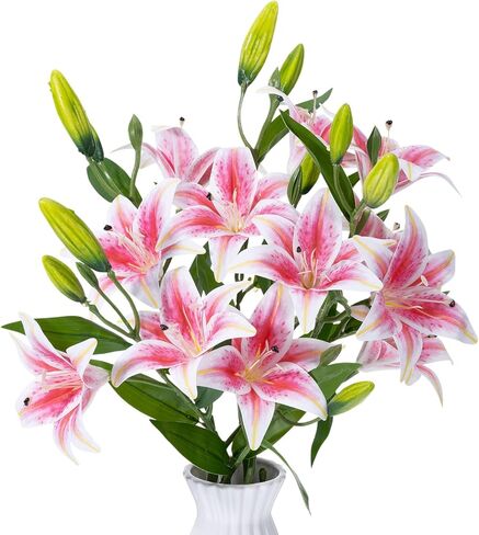 Dingion 6 Pcs 18 Heads Artificial Lily Flowers 31.5'' Easter Lily Flowers Long Stem Fake Bouquet Latex Realistic 3 Big Flower Head 3 Bud for Tall Vase Home Table Wedding Decoration(White) in Saudi Arabia