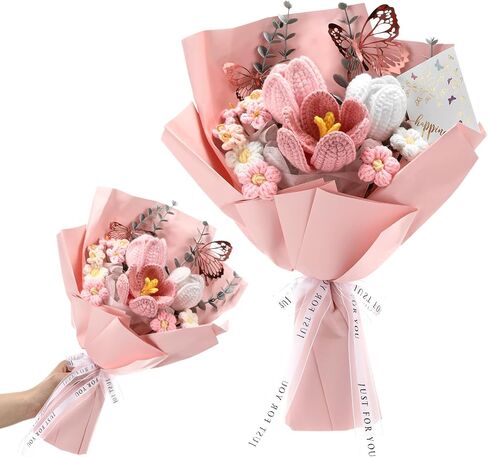 Women's Day Gifts Crochet Flowers Bouquet Wedding Favors Handmade Tulips Knitted Flowers with Butterfly Card for Wife Lover Anniversary Graduation Birthday Mother's Day Teacher(Pink) in Saudi Arabia