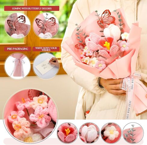 Women's Day Gifts Crochet Flowers Bouquet Wedding Favors Handmade Tulips Knitted Flowers with Butterfly Card for Wife Lover Anniversary Graduation Birthday Mother's Day Teacher(Pink) in Saudi Arabia