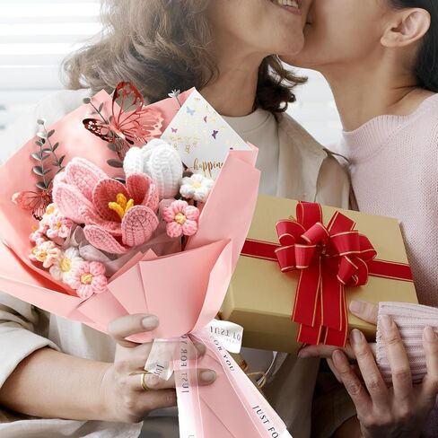 Women's Day Gifts Crochet Flowers Bouquet Wedding Favors Handmade Tulips Knitted Flowers with Butterfly Card for Wife Lover Anniversary Graduation Birthday Mother's Day Teacher(Pink) in Saudi Arabia