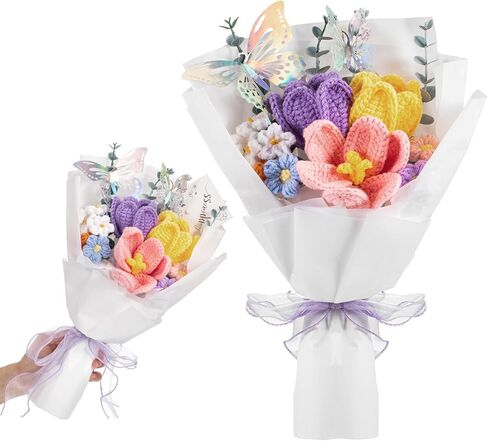 Women's Day Gifts Crochet Flowers Bouquet Wedding Favors Handmade Tulips Knitted Flowers with Butterfly Card for Wife Lover Anniversary Graduation Birthday Mother's Day Teacher(Pink) in Saudi Arabia