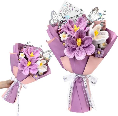 Women's Day Gifts Crochet Flowers Bouquet Wedding Favors Handmade Tulips Knitted Flowers with Butterfly Card for Wife Lover Anniversary Graduation Birthday Mother's Day Teacher(Pink) in Saudi Arabia
