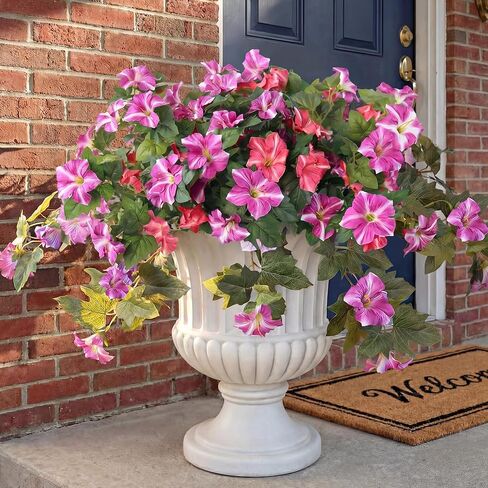 نباتات الزهور الاصطناعية للخارج، قطعتان من زهور البتونيا الصناعية الحريرية المقاومة للأشعة فوق البنفسجية لا تبهت للمنزل خارج الحديقة والشرفة والشرفة والديكور الداخلي الواقعي (أبيض أرجواني) in Kuwait