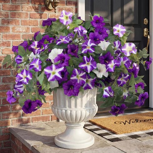 Artificial Flowers Plants for Outdoors, 2PCS Faux Petunias Silk Fake Flower UV Resistant No Fade for Home Outside Garden Balcony Yard Porch Realistic Indoor Decor (Purple White) in Saudi Arabia