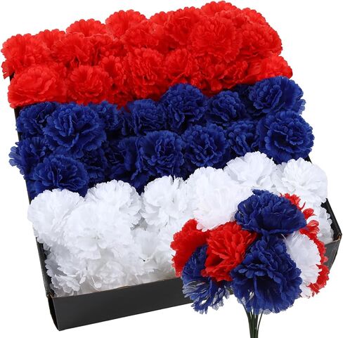 180 Pcs Red Blue White Carnations Artificial Flowers 4th of July 250th Anniversary Decor Fake Silk Patriotic Carnation with 6" Stem for Memorial Veterans Day Cemetery Wreaths DIY Crafts in Saudi Arabia
