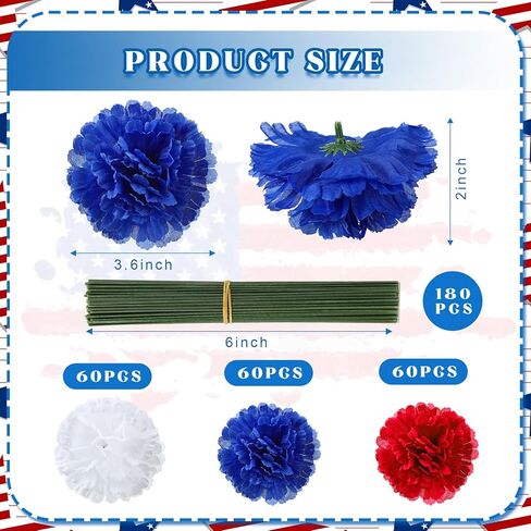 180 Pcs Red Blue White Carnations Artificial Flowers 4th of July 250th Anniversary Decor Fake Silk Patriotic Carnation with 6" Stem for Memorial Veterans Day Cemetery Wreaths DIY Crafts in Saudi Arabia