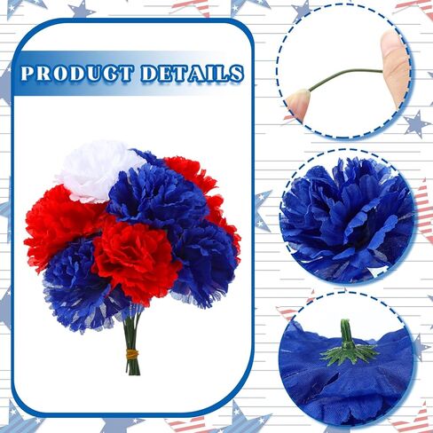 180 Pcs Red Blue White Carnations Artificial Flowers 4th of July 250th Anniversary Decor Fake Silk Patriotic Carnation with 6" Stem for Memorial Veterans Day Cemetery Wreaths DIY Crafts in Saudi Arabia