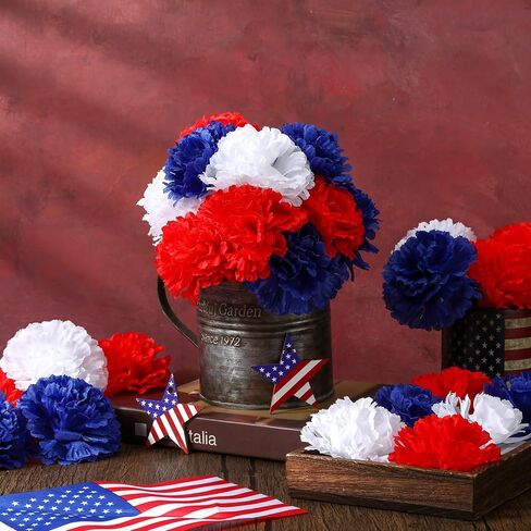 180 Pcs Red Blue White Carnations Artificial Flowers 4th of July 250th Anniversary Decor Fake Silk Patriotic Carnation with 6" Stem for Memorial Veterans Day Cemetery Wreaths DIY Crafts in Saudi Arabia