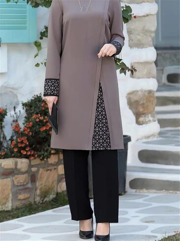 Women Muslim Suit Long Sleeve Spliced Top and Pants Casual Dubai Prayer Clothes in Saudi Arabia