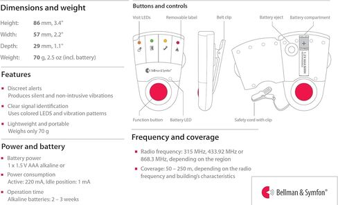 تنبيه إشعار بالضغط على زر Bellman & Symfon - جهاز استقبال النداء مع الاهتزاز - نظام تنبيه الصم بالمنزل الذكي جهاز إنذار لضعاف السمع - جرس باب لاسلكي للسلامة المنزلية / زر مقدم الرعاية المحمول in Kuwait
