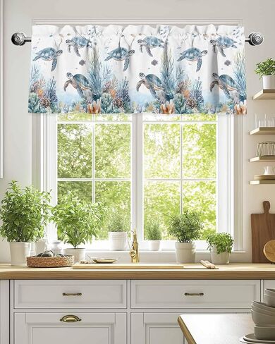 Sea Turtle Kitchen Valance Ocean Coral Curtain Valance for Windows Sea Marine Life Light Filtering Rod Pocket Window Treatment Curtain Valance for Living Room Bedroom 42" W x 12" L in Kuwait