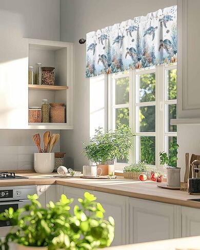 Sea Turtle Kitchen Valance Ocean Coral Curtain Valance for Windows Sea Marine Life Light Filtering Rod Pocket Window Treatment Curtain Valance for Living Room Bedroom 42" W x 12" L in Kuwait