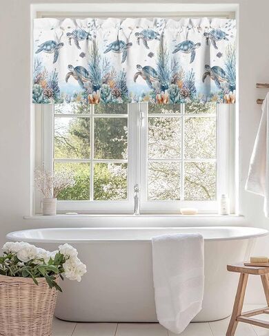 Sea Turtle Kitchen Valance Ocean Coral Curtain Valance for Windows Sea Marine Life Light Filtering Rod Pocket Window Treatment Curtain Valance for Living Room Bedroom 42" W x 12" L in Kuwait