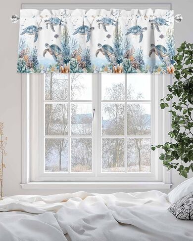 Sea Turtle Kitchen Valance Ocean Coral Curtain Valance for Windows Sea Marine Life Light Filtering Rod Pocket Window Treatment Curtain Valance for Living Room Bedroom 42" W x 12" L in Kuwait