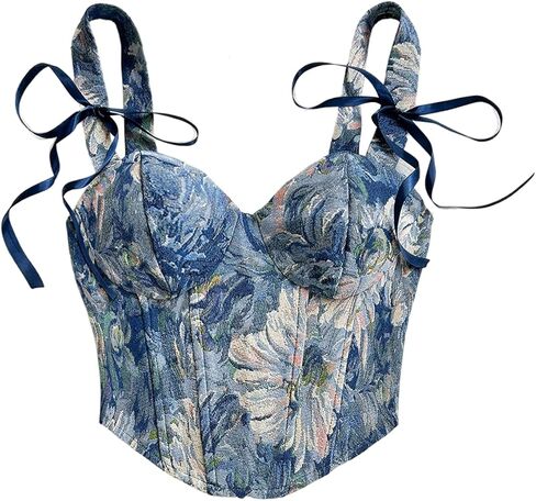 MakeMeChic Women's Boho Corset Top Floral Bow Lace Up Sleeveless Summer Crop Tops in Saudi Arabia