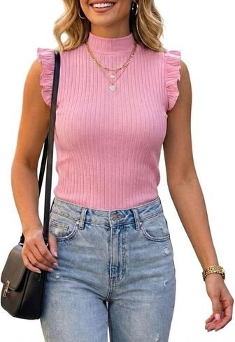 CHICME Women’s Sleeveless Mock Turtle Neck Tops Ruffle Trim Ribbed Knit Tank Top Slim Fit Tee Casual Work Summer Shirt in Kuwait