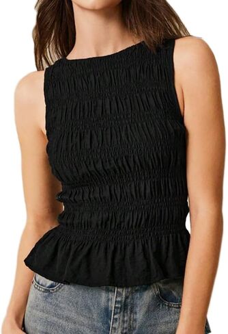 قميص نسائي عصري برقبة قارب Smocked Shired تانك توب Y2k سليم صالح بلا أكمام طبقات مطوي كشكش هيم كامي قميص in Kuwait