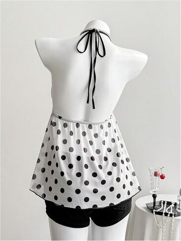 SweatyRocks Women's Polka Dots Mesh Peplum Top with Built in Bra Flowy V Neck Halter Tops in Saudi Arabia