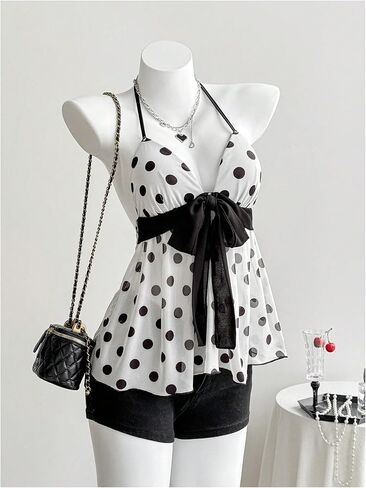 SweatyRocks Women's Polka Dots Mesh Peplum Top with Built in Bra Flowy V Neck Halter Tops in Saudi Arabia