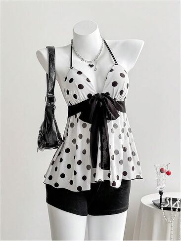 SweatyRocks Women's Polka Dots Mesh Peplum Top with Built in Bra Flowy V Neck Halter Tops in Saudi Arabia