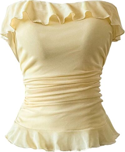 Milumia Women's Y2k Ruffle Trim Ruched Tube Top Strapless Slim Fitted Summer Tops in Saudi Arabia
