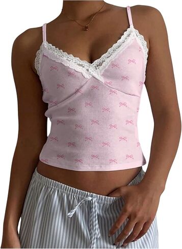 Floerns Women's Cute Lace Bow Tops Y2k Girly Spaghetti Strap Fitted Going Out Cami Tops in Saudi Arabia