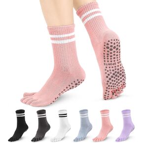 6 Pairs Pilates Socks for Women, Non Slip Five Toes Grippy Yoga Socks Striped Athletic Crew Slipper Sock for Hospital Barre Sticky Gym Barefoot Workout in Kuwait