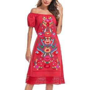 YZXDORWJ Women Mexican Embroidered Dress Casual Loose Bohemian Floral Dress Short Sleeve Long Maxi Summer Beach Swing Dress in Kuwait