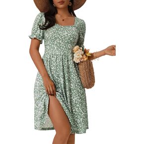 فستان MSBASIC نسائي صيفي كاجوال برقبة مربعة وأكمام منتفخة وأكمام منتفخة على شكل حرف A فستان صيفي متوسط ​​الطول مع جيوب in Kuwait