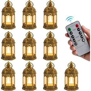 Mini Lanterns with Remote Control: 10 Pcs Gold Lantern with Timer Dimmer Table Centerpieces Decorations for Ramadan Wedding Party Camping Decor in Kuwait