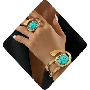 مجموعة خواتم بوهو مفتوحة للنساء باللونين الأسود والذهبي، سوار بيضاوي قابل للتعديل، مجوهرات عتيقة in Kuwait