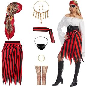 Womens Pirate Costume Set,Pirate Skirt Women Adults Accessories with Head Scarf Eye Patch Skeleton Necklace in Kuwait