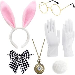 QLINLEAF White Rabbit Costume Accessories for Adult 6 PCS Bunny Ears Headband and Tail Bow Tie Clock Necklace Glasses Gloves Easter Halloween Party Dress Up in Kuwait