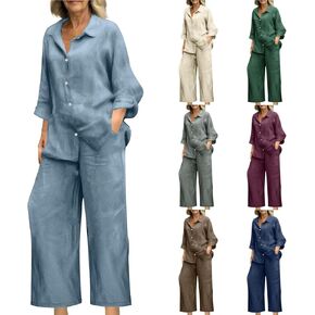 bmkBWO Linen Sets for Women 2 Piece,Button Down Plus Size Summer Shirts Wide Leg Linen Pants Lounge Outfits Clothes 2026 in Kuwait