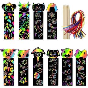 100Pcs Scratch Art Bookmarks Making Kit for Kids, Scratch Paper DIY Animal Bookmarks Bulk with 100Pcs Ribbons and 50Pcs Wood Stylus for Classroom Activities School Supplies Party Favors in Kuwait