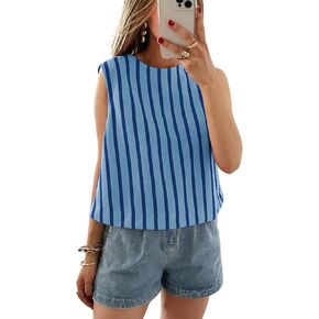 سترة علوية نسائية مخططة من Xiaoxuemeng بدون أكمام من القطن برقبة دائرية وسترات صيفية كاجوال in Kuwait