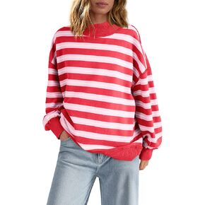 Panadila Women Striped Long Sleeve Shirt Oversized Mock Neck Sweatshirt Turtleneck Tops Casual Pullover Top (Red Pink Combo,S) in Kuwait