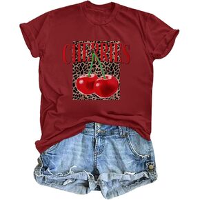 Cherry Leopard Shirts for Women Cute Fruit Cherries Tshirt Vintage Trendy Graphic Tees Aesthetic Short Sleeve Tops in Kuwait