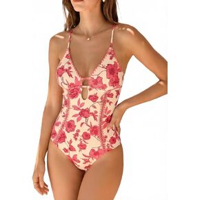 CUPSHE Women's One Piece Swimsuit Plunging V Neck Shell Stitch Bathing Suit Self Tie Adjustable Cutouts Swimwear in Kuwait