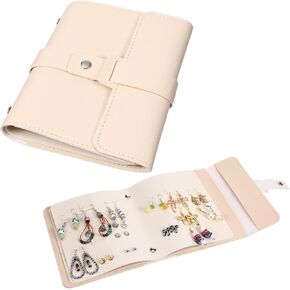 حقيبة سفر على شكل حلق مسمار، منظم كتب المجوهرات مع تصميم كتاب قابل للطي، حقيبة تخزين منظم أقراط جلدية محمولة من جلد البولي يوريثان للنساء والفتيات، بيج in Kuwait