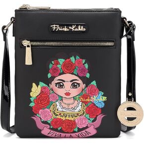Frida Kahlo Viva La Vida Crossbody Bag, Black Floral Art Design, Multi-Compartment with Gold Hardware and Patent Leather in Kuwait