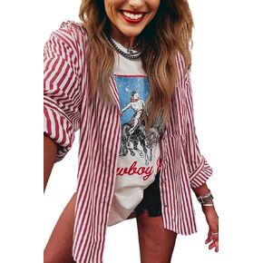 LALAGEN Women's Tops Red Stripe Patched Pocket Side Slit Loose Shirt Blouses in Kuwait